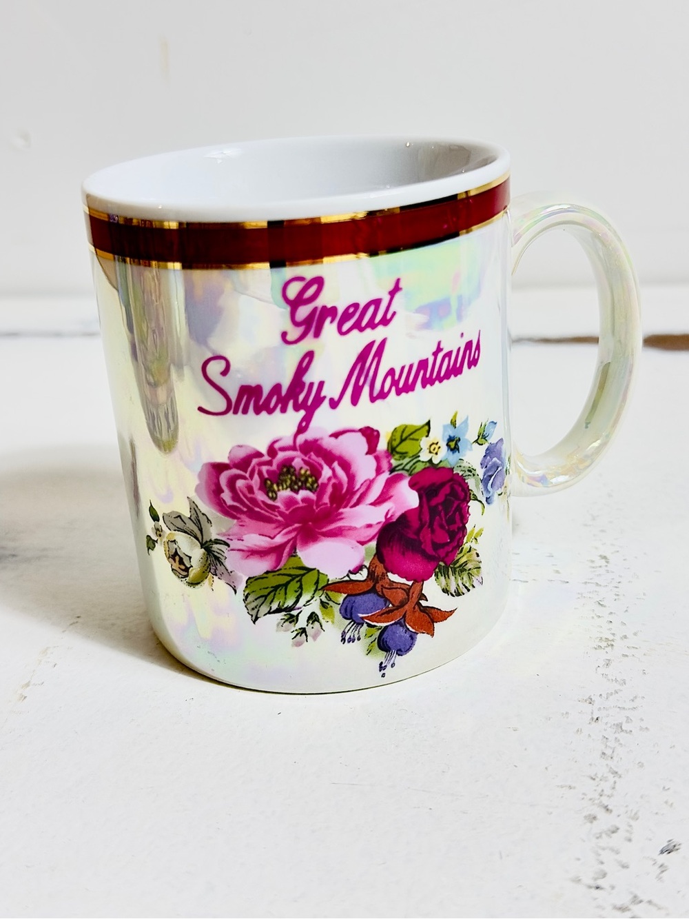 Vintage Great Smoky Mountains Floral Iridescent Mug - White and Pink w/gold trim
